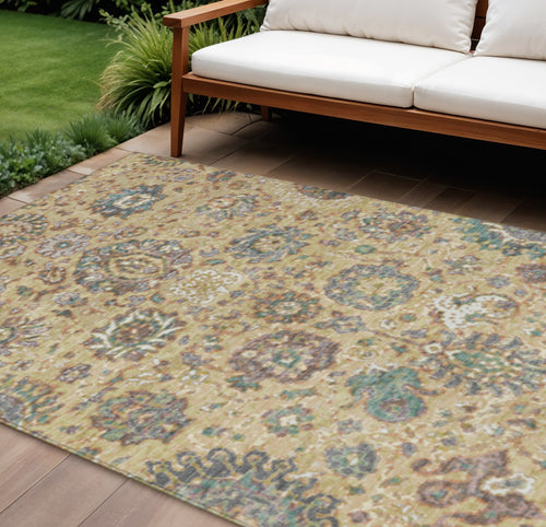 10 X 14 Gold Beige And Pale Aqua Floral Washable Indoor Outdoor Area Rug
