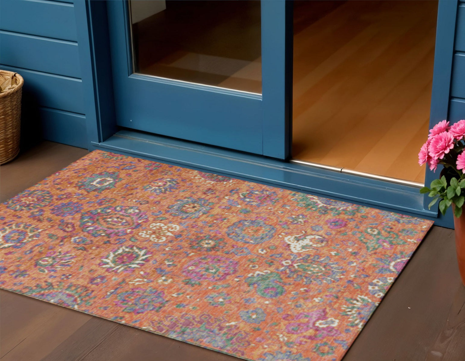 3 X 5 Orange Blue And Pink Floral Washable Indoor Outdoor Area Rug