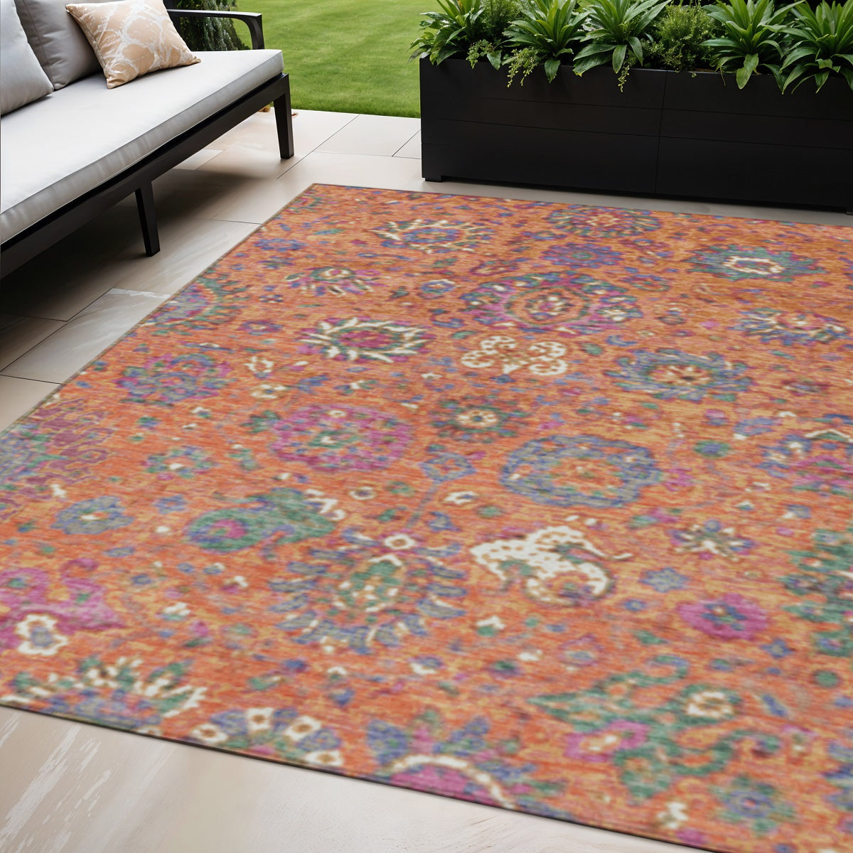 5 X 8 Orange Blue And Pink Floral Washable Indoor Outdoor Area Rug