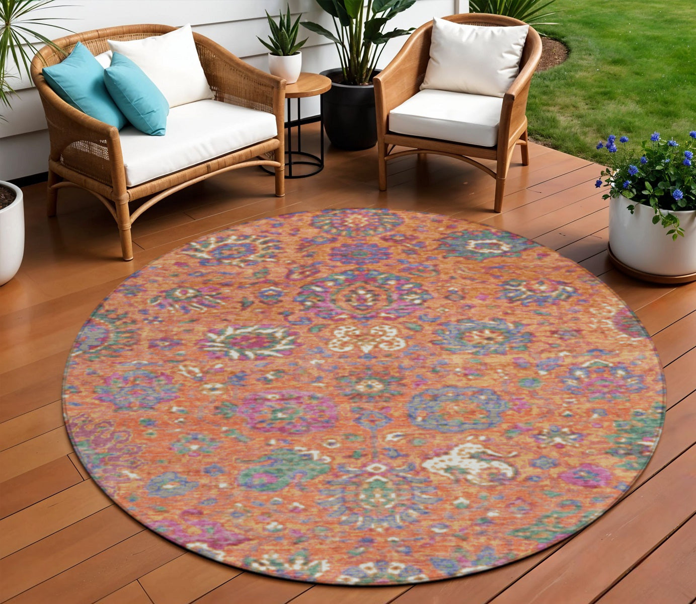 8 Orange Blue And Pink Round Floral Washable Indoor Outdoor Area Rug