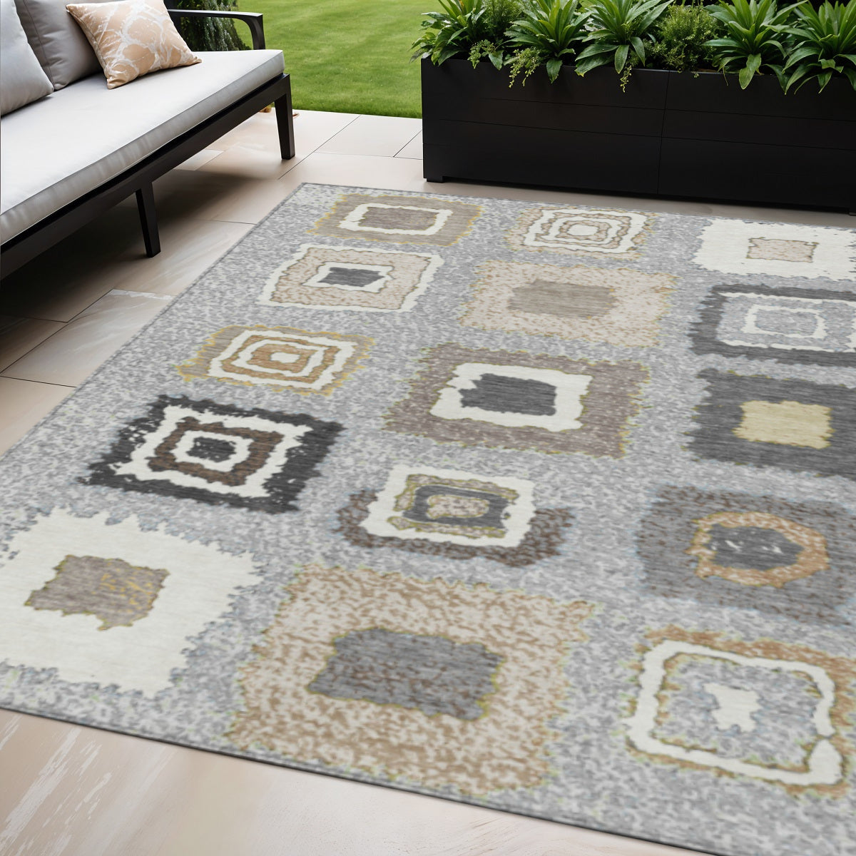 5 X 8 Gray Charcoal And Beige Geometric Washable Indoor Outdoor Area Rug
