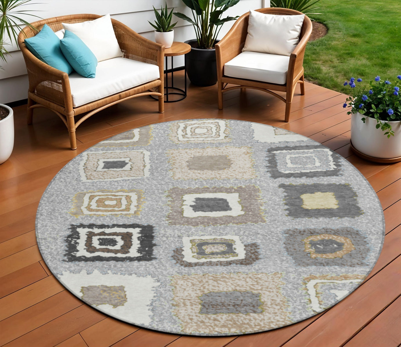 8 Gray Charcoal And Beige Round Geometric Washable Indoor Outdoor Area Rug