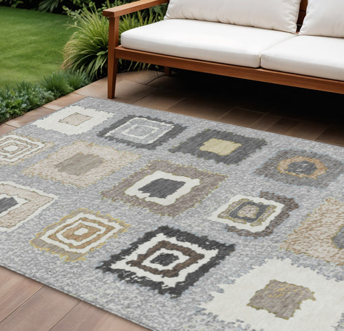 10 X 14 Gray Charcoal And Beige Geometric Washable Indoor Outdoor Area Rug