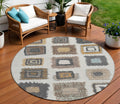 8 Ivory Charcoal And Gold Round Geometric Washable Indoor Outdoor Area Rug