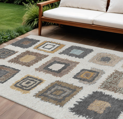 10 X 14 Ivory Charcoal And Gold Geometric Washable Indoor Outdoor Area Rug