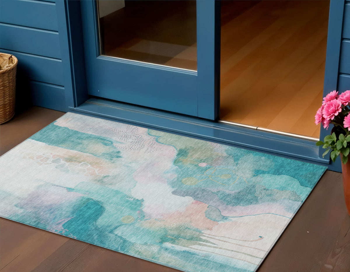 3 X 5 Turquoise Blush And Ivory Abstract Washable Indoor Outdoor Area Rug