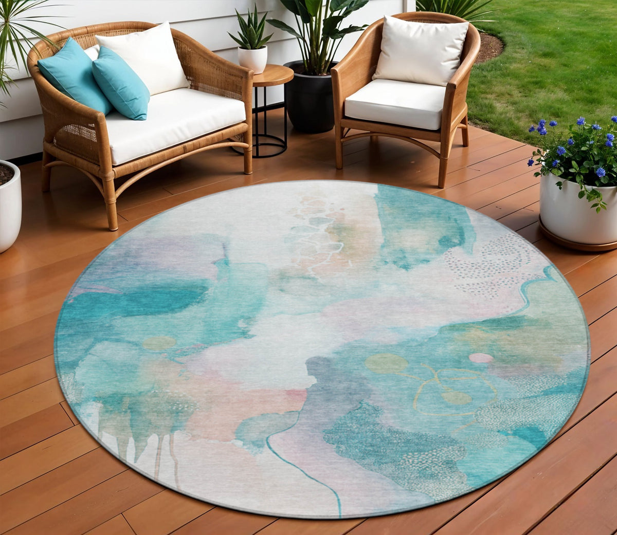 8 Turquoise Blush And Ivory Round Abstract Washable Indoor Outdoor Area Rug
