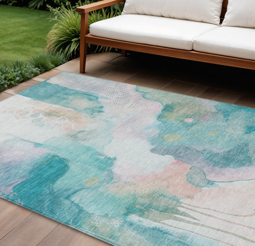 10 X 14 Turquoise Blush And Ivory Abstract Washable Indoor Outdoor Area Rug