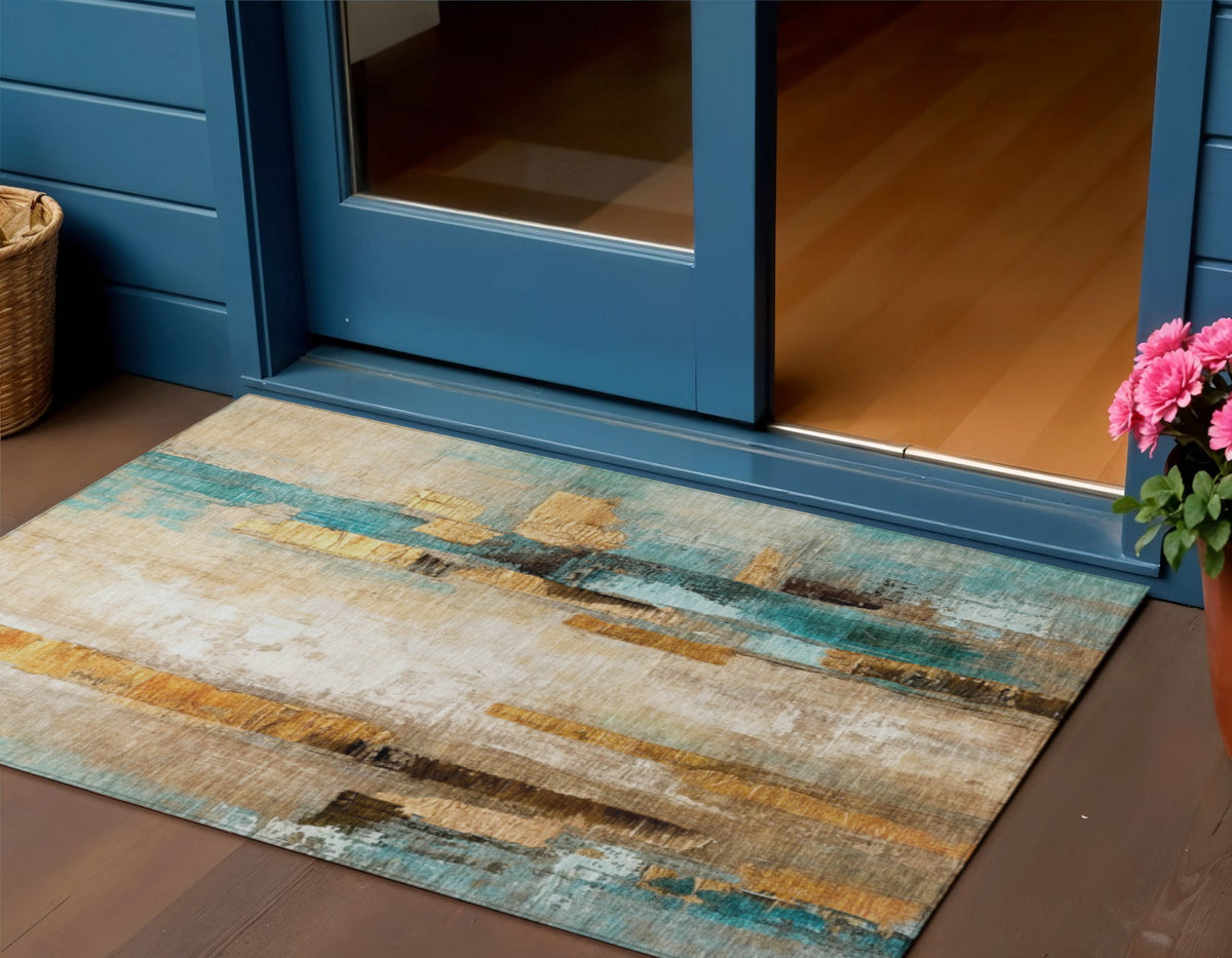 3 X 5 Beige And Teal Blue Abstract Washable Indoor Outdoor Area Rug