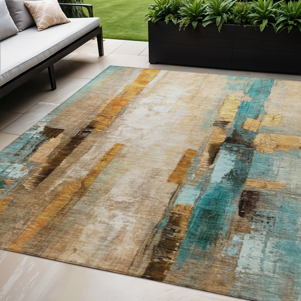 5 X 8 Beige And Teal Blue Abstract Washable Indoor Outdoor Area Rug