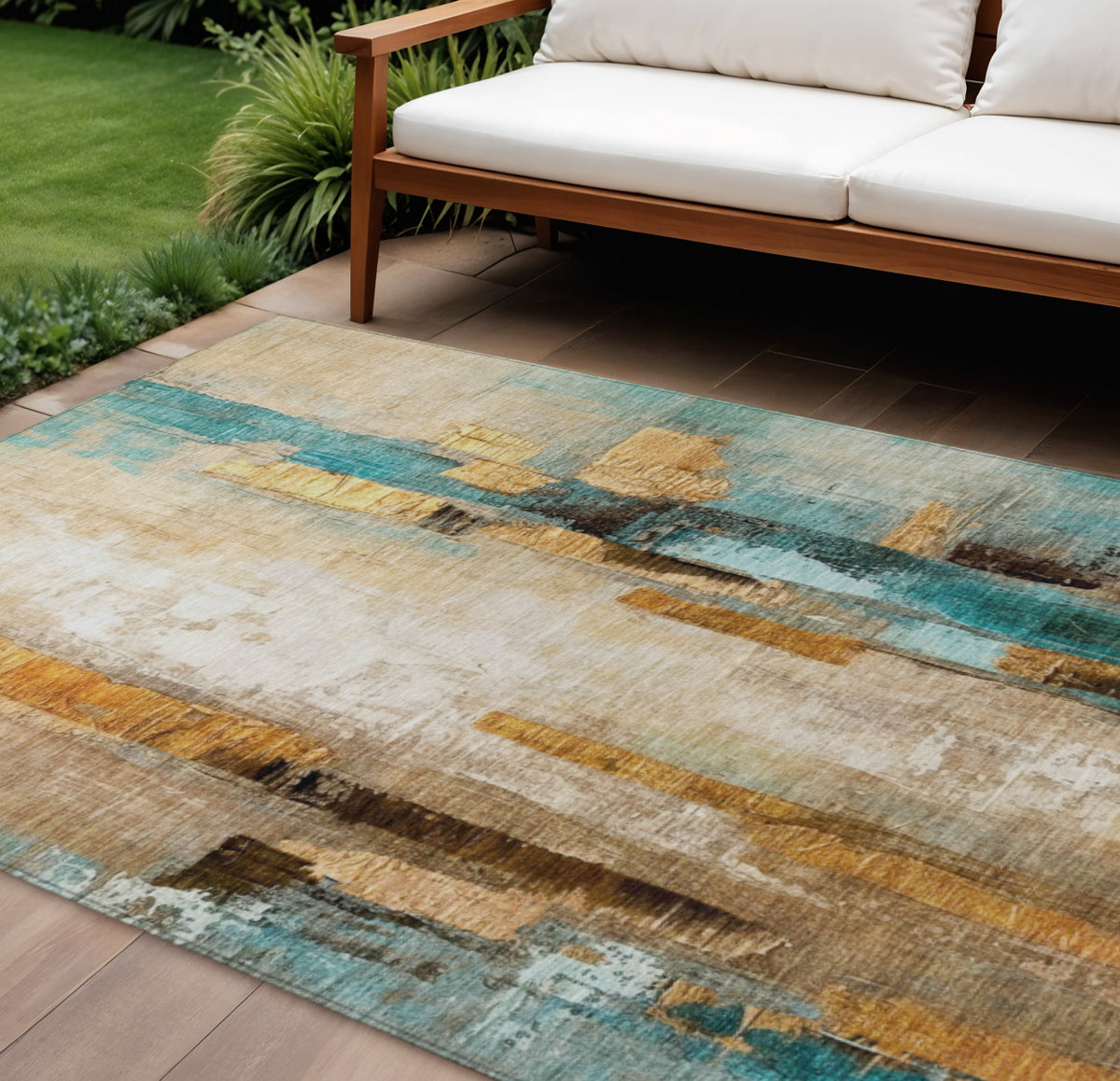 10 X 14 Beige And Teal Blue Abstract Washable Indoor Outdoor Area Rug