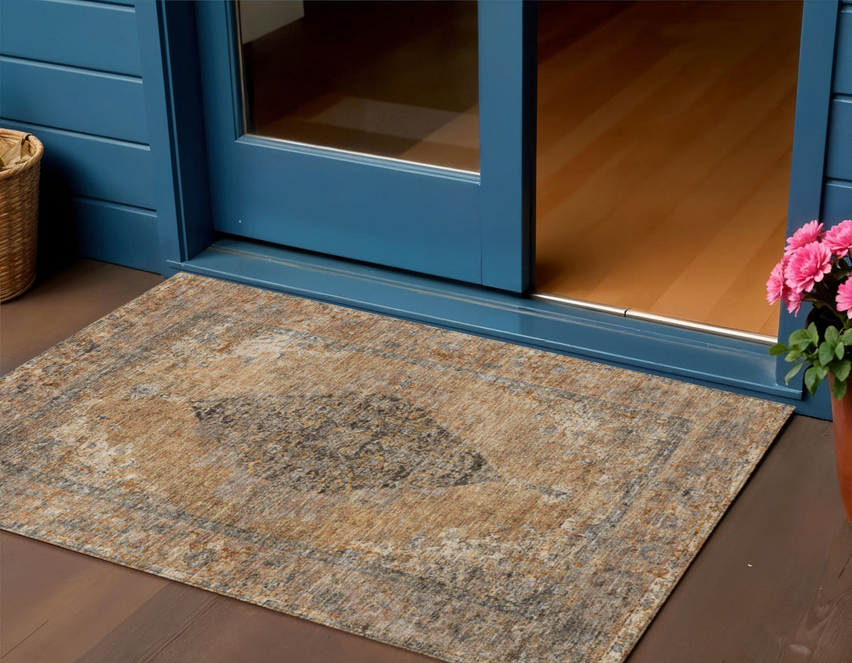 3 X 5 Copper And Taupe Medallion Washable Indoor Outdoor Area Rug