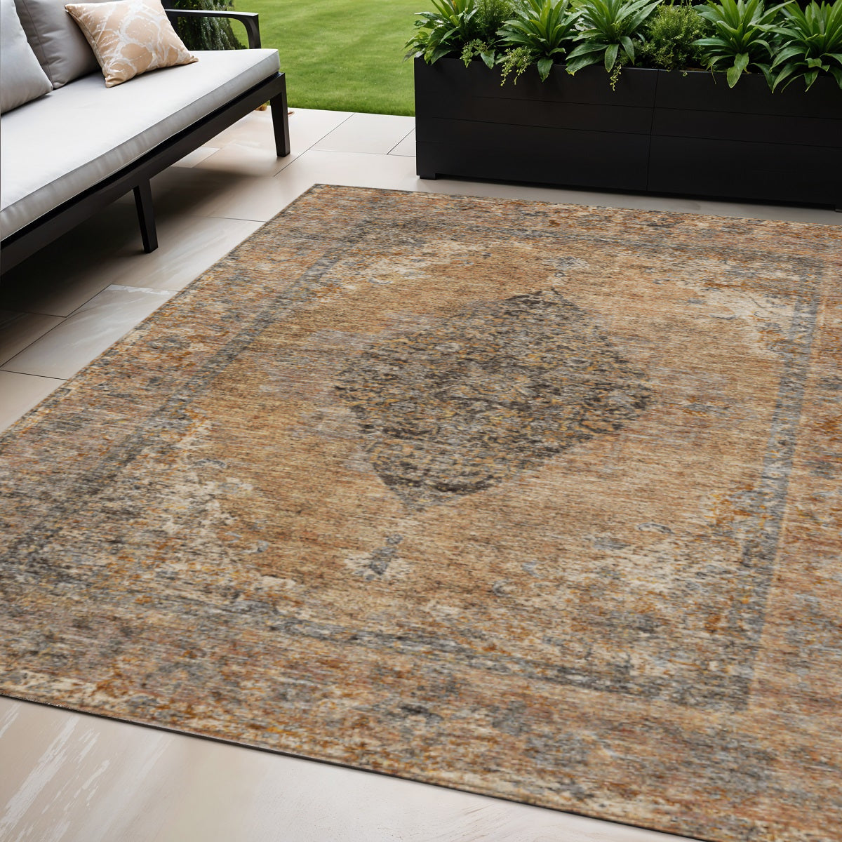 5 X 8 Copper And Taupe Medallion Washable Indoor Outdoor Area Rug