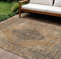 9 X 12 Copper And Taupe Medallion Washable Indoor Outdoor Area Rug