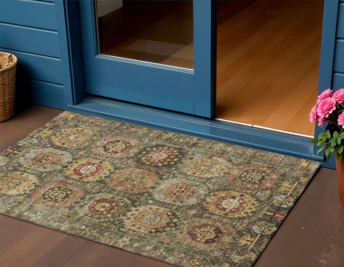 3 X 5 Artichoke Green Gold And Beige Medallion Washable Indoor Outdoor Area Rug