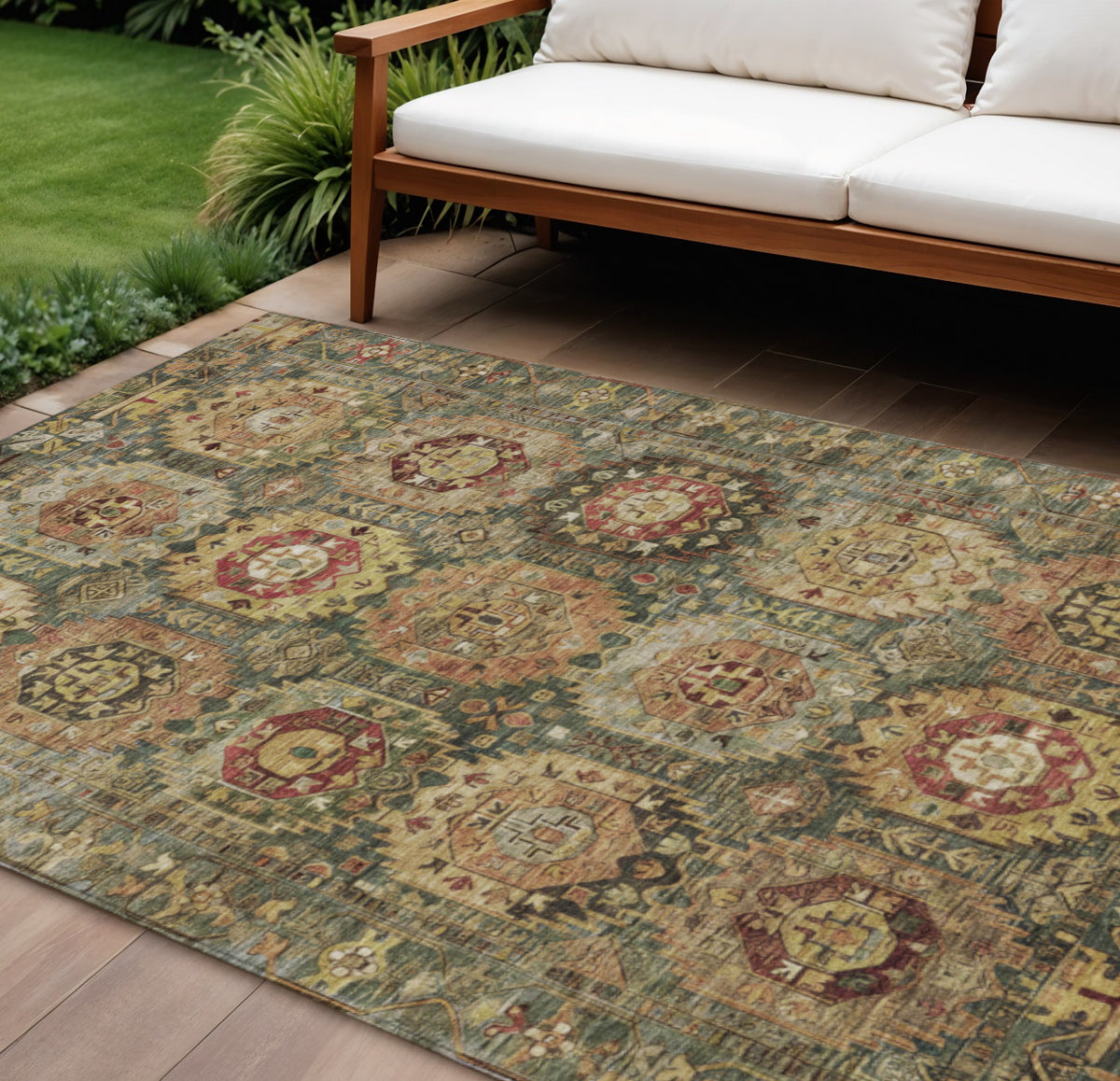 8 X 10 Artichoke Green Gold And Beige Medallion Washable Indoor Outdoor Area Rug