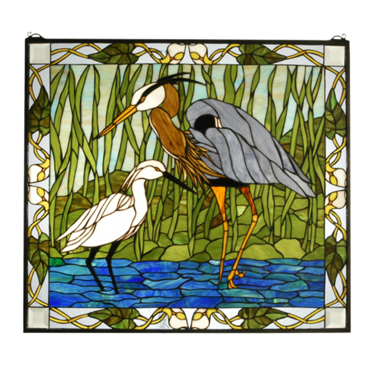 30 Inch W X 27 Inch H Blue Heron & Snowy Egret Stained Glass Window
