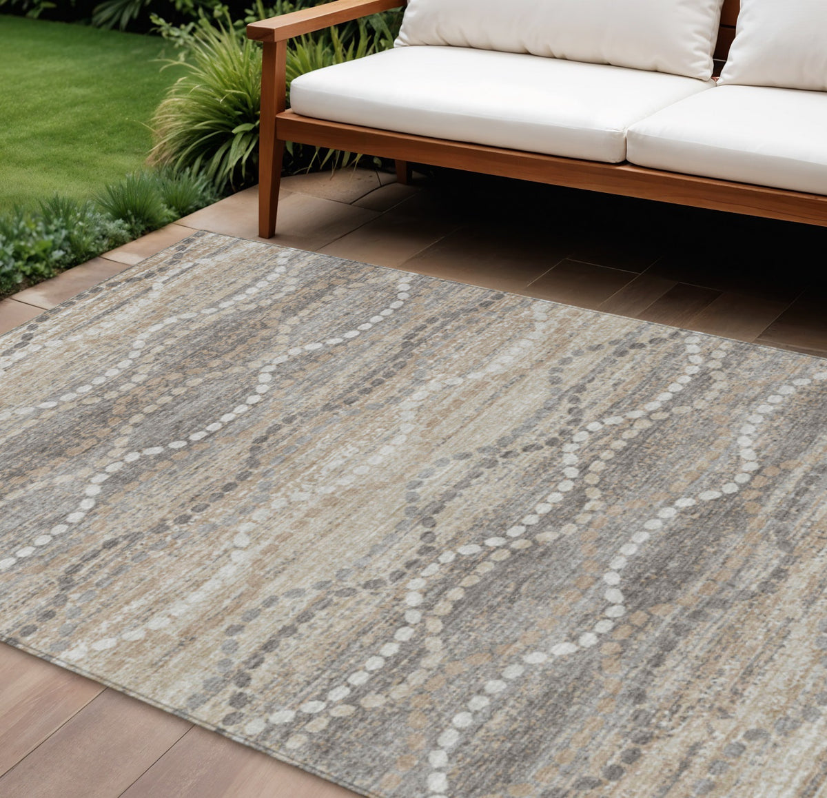 10 X 14 Beige And Gray Ogee Washable Indoor Outdoor Area Rug