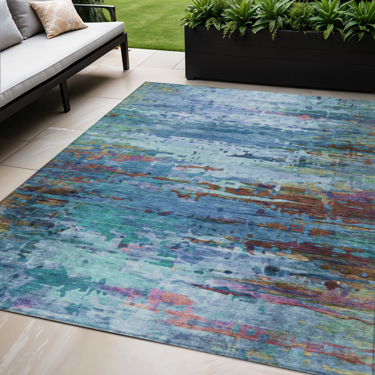 5 X 8 Blue Brown And Purple Abstract Washable Indoor Outdoor Area Rug