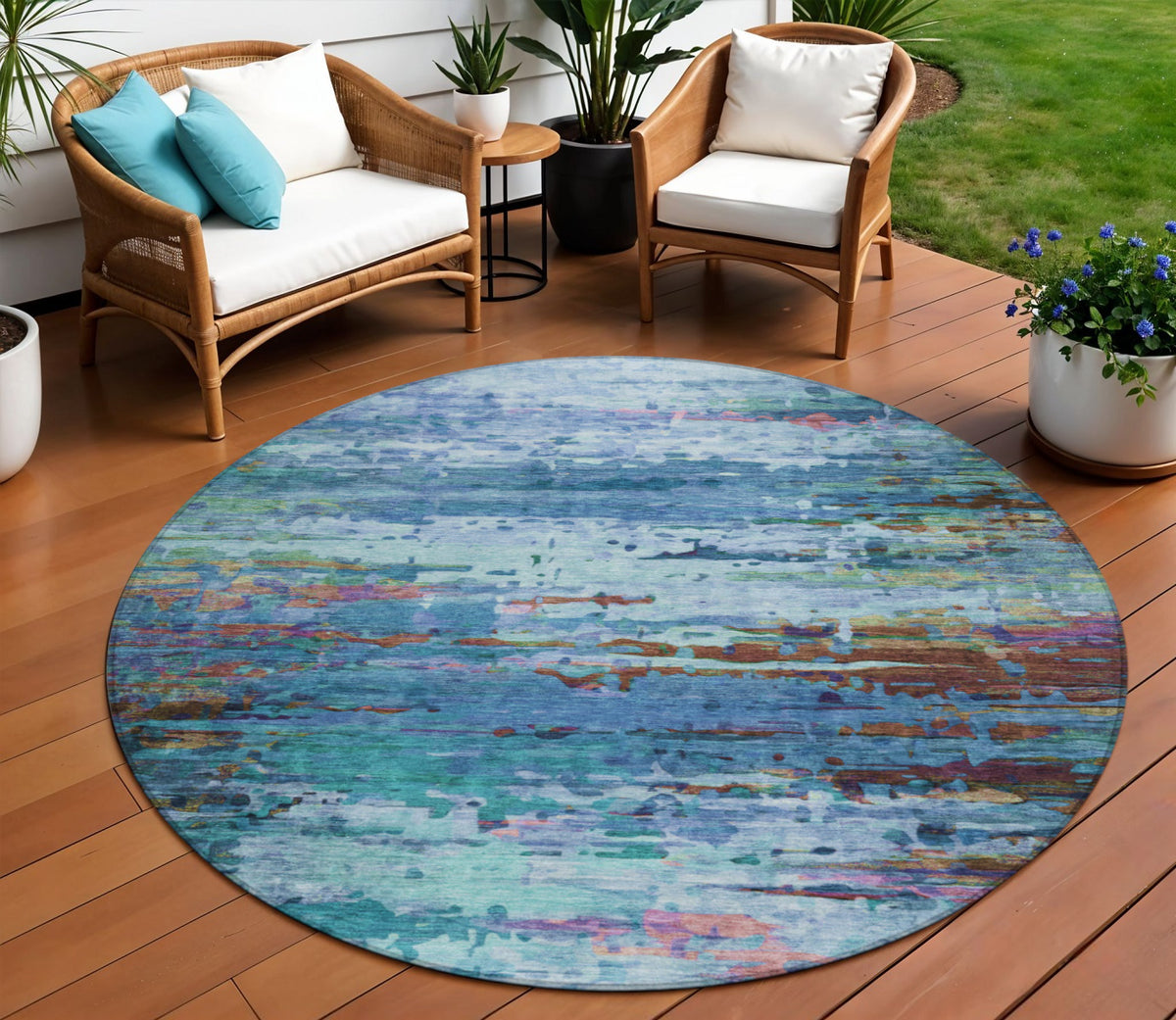 8 Blue Brown And Purple Round Abstract Washable Indoor Outdoor Area Rug