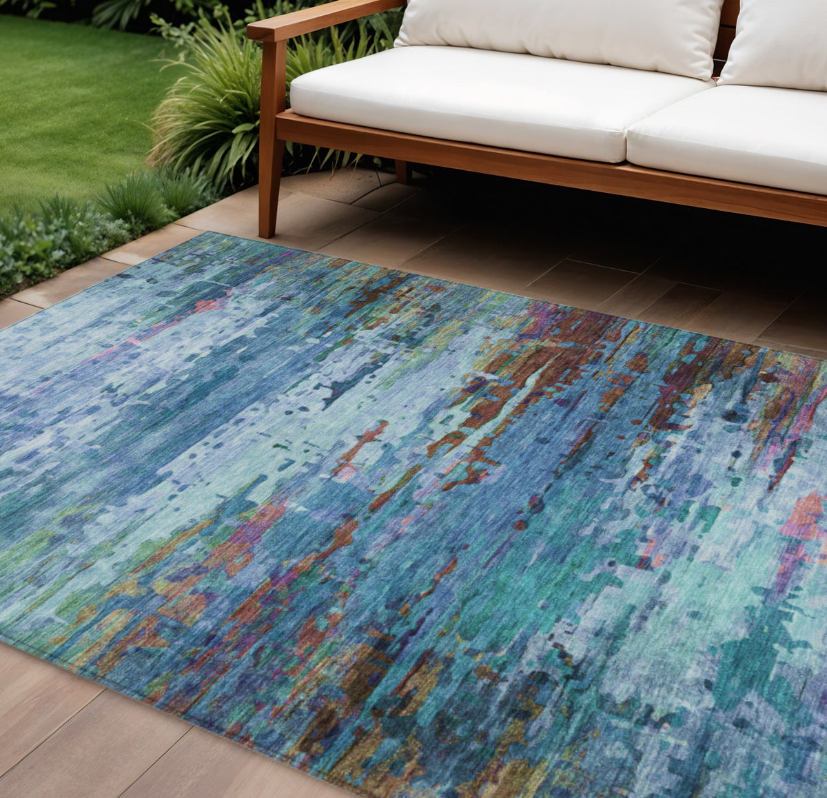 9 X 12 Blue Brown And Purple Abstract Washable Indoor Outdoor Area Rug
