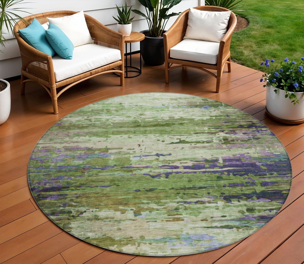 8 Green Lavender And Purple Round Abstract Washable Indoor Outdoor Area Rug