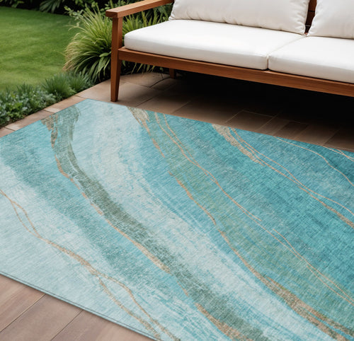 10 X 14 Turquoise And Taupe Abstract Washable Indoor Outdoor Area Rug
