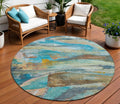 8 Teal Blue Copper And Beige Round Abstract Washable Indoor Outdoor Area Rug