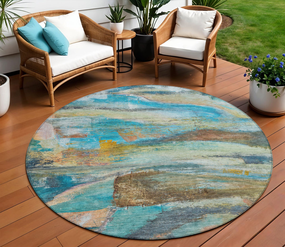 8 Teal Blue Copper And Beige Round Abstract Washable Indoor Outdoor Area Rug