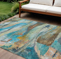 9 X 12 Teal Blue Copper And Beige Abstract Washable Indoor Outdoor Area Rug