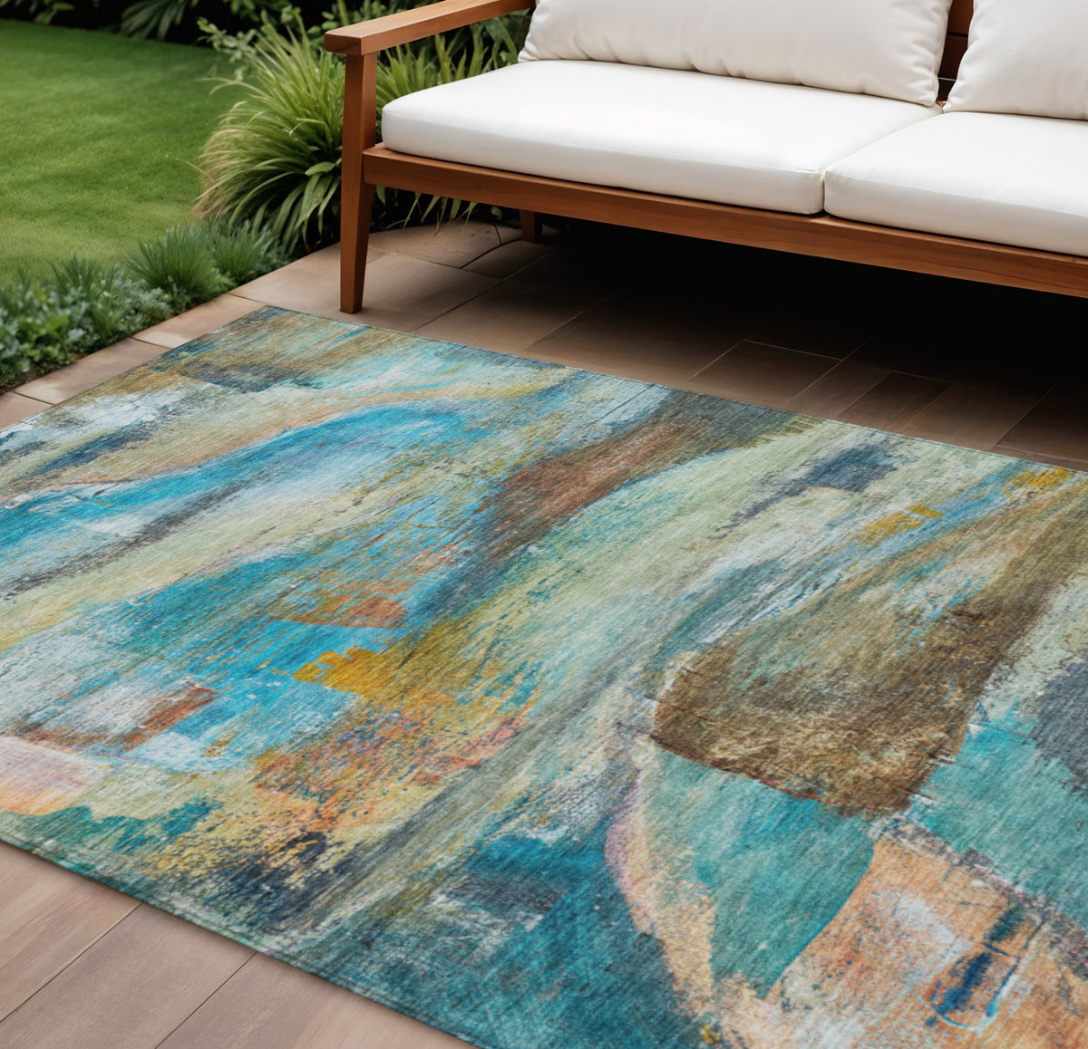 9 X 12 Teal Blue Copper And Beige Abstract Washable Indoor Outdoor Area Rug