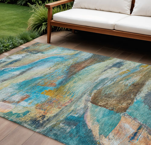 10 X 14 Teal Blue Copper And Beige Abstract Washable Indoor Outdoor Area Rug