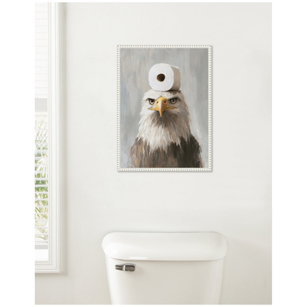 Sylvie Toilet Paper Roll on Bald Eagles Head Bathroom Art Framed Canvas by The Creative Bunch Studio