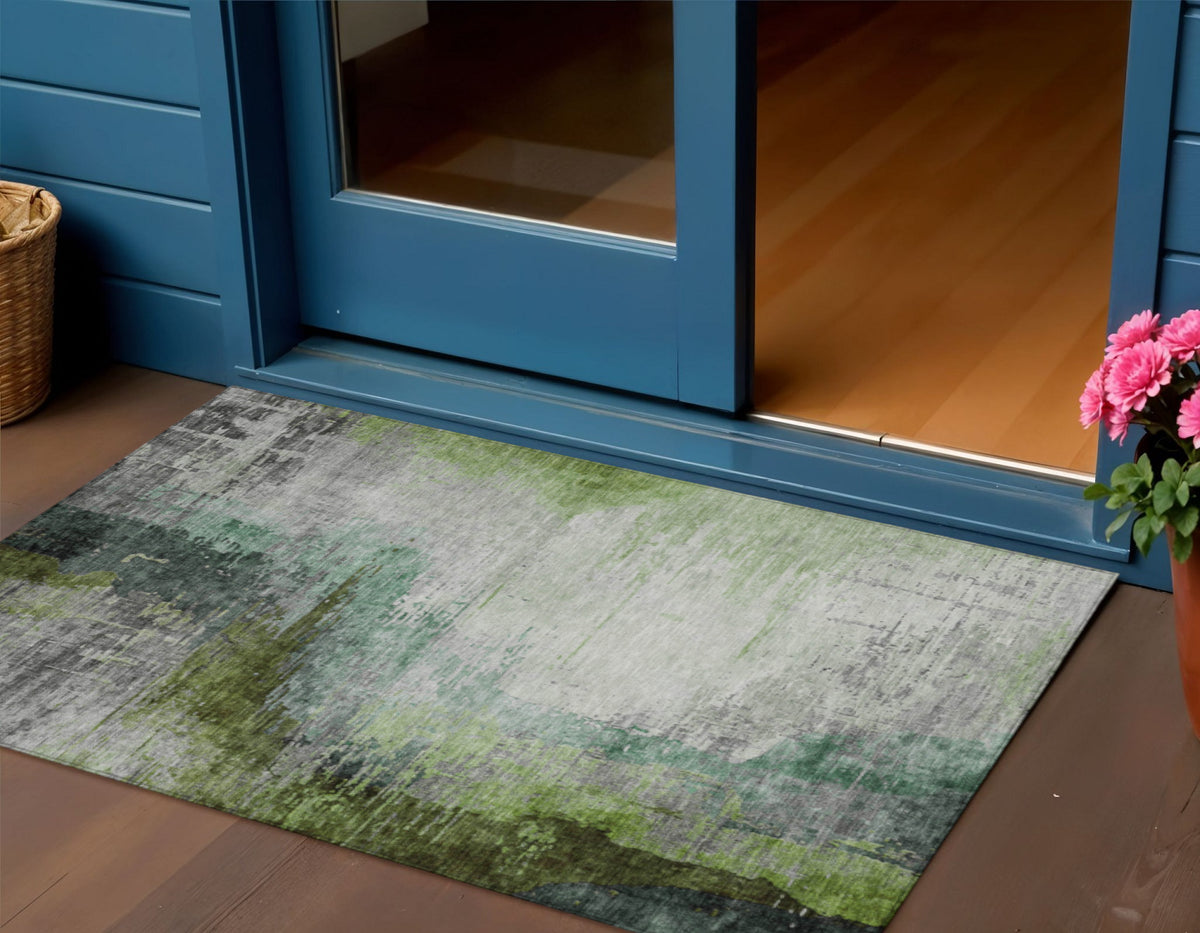 3 X 5 Green Charcoal And Silver Abstract Washable Indoor Outdoor Area Rug