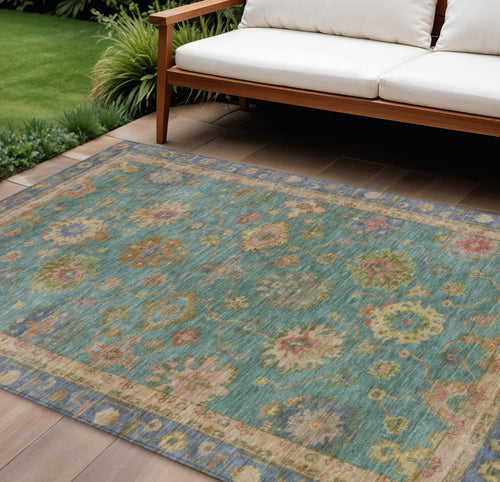 10 X 14 Teal Blue And Gold Floral Washable Indoor Outdoor Area Rug