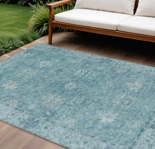 10 X 14 Teal Blue And Pale Aqua Floral Washable Indoor Outdoor Area Rug