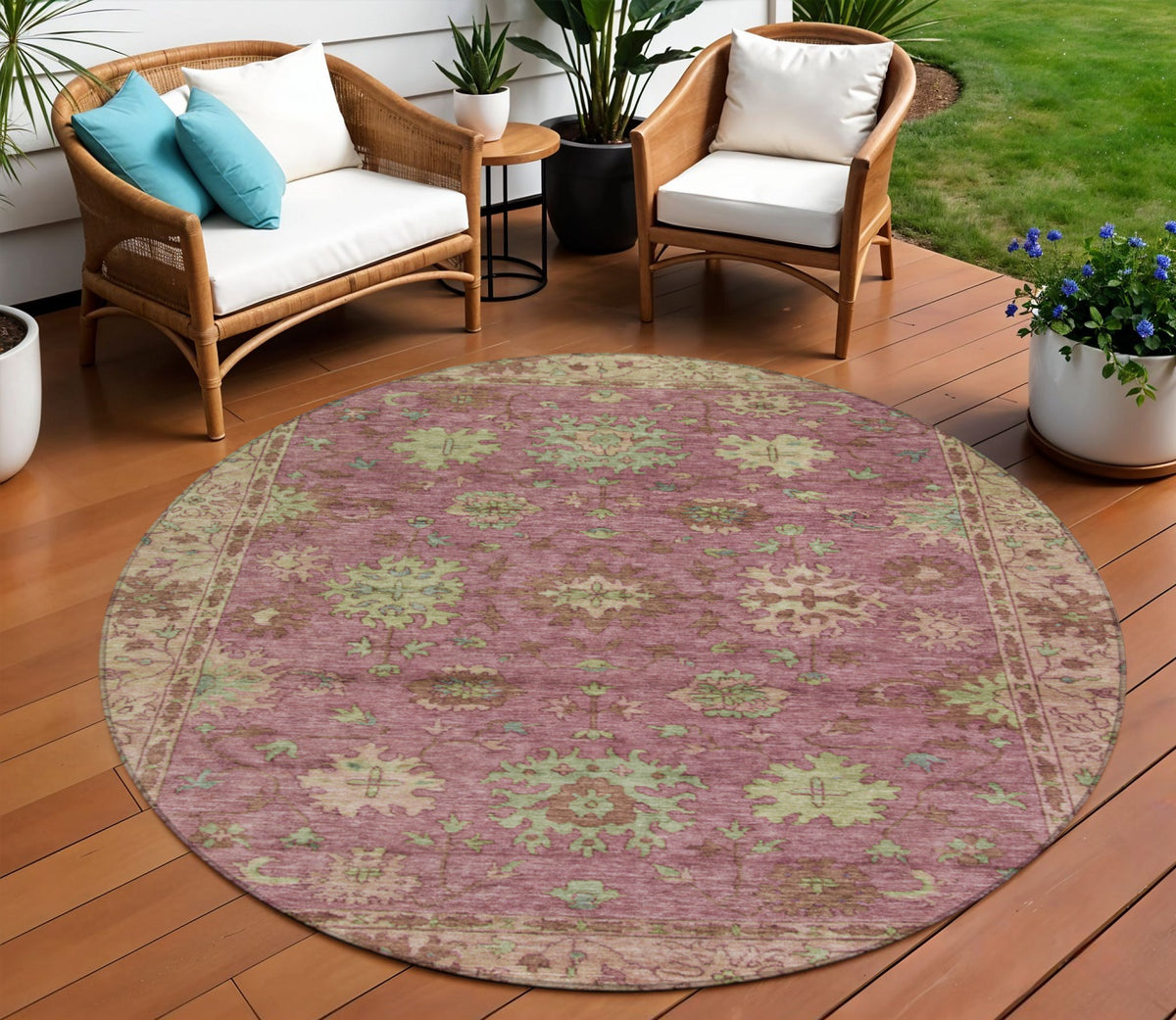 8 Pink Gold And Beige Round Floral Washable Indoor Outdoor Area Rug