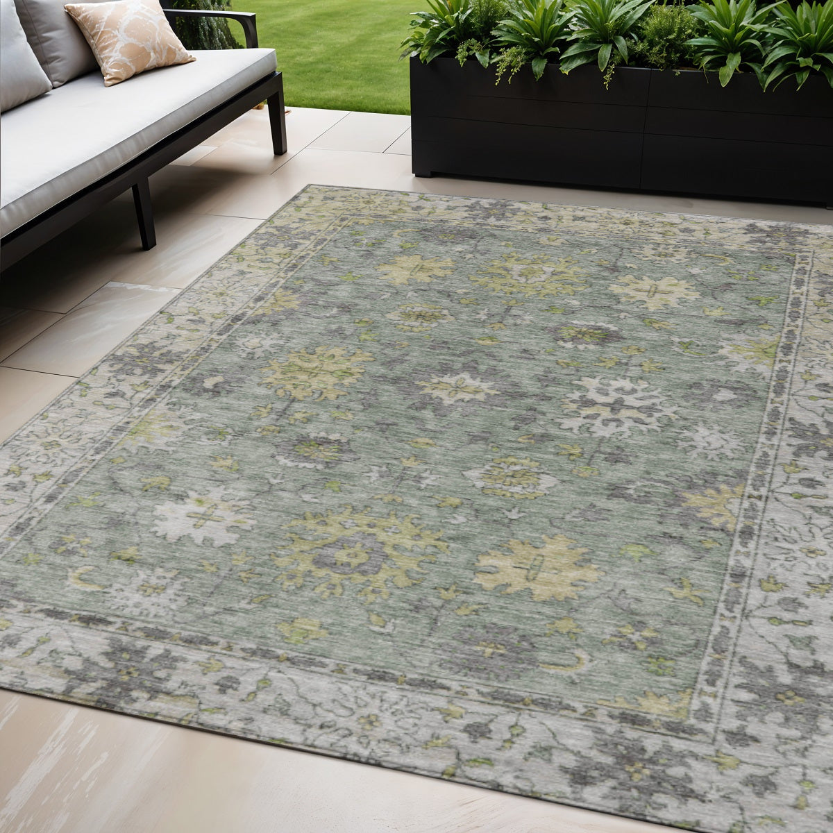 5 X 8 Sage Gray And Gold Floral Washable Indoor Outdoor Area Rug