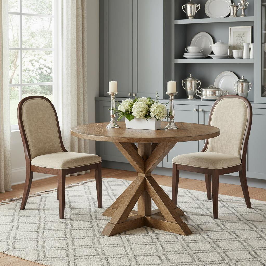 48 Oak Wood Cross Leg Base Round Top Dining Table