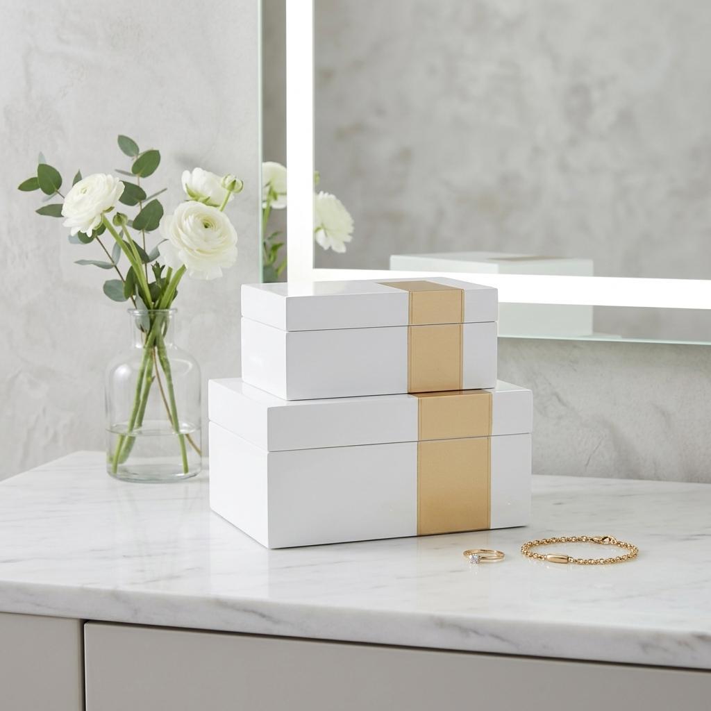 Set Of Two White And Gold Wood Jewelry Boxes