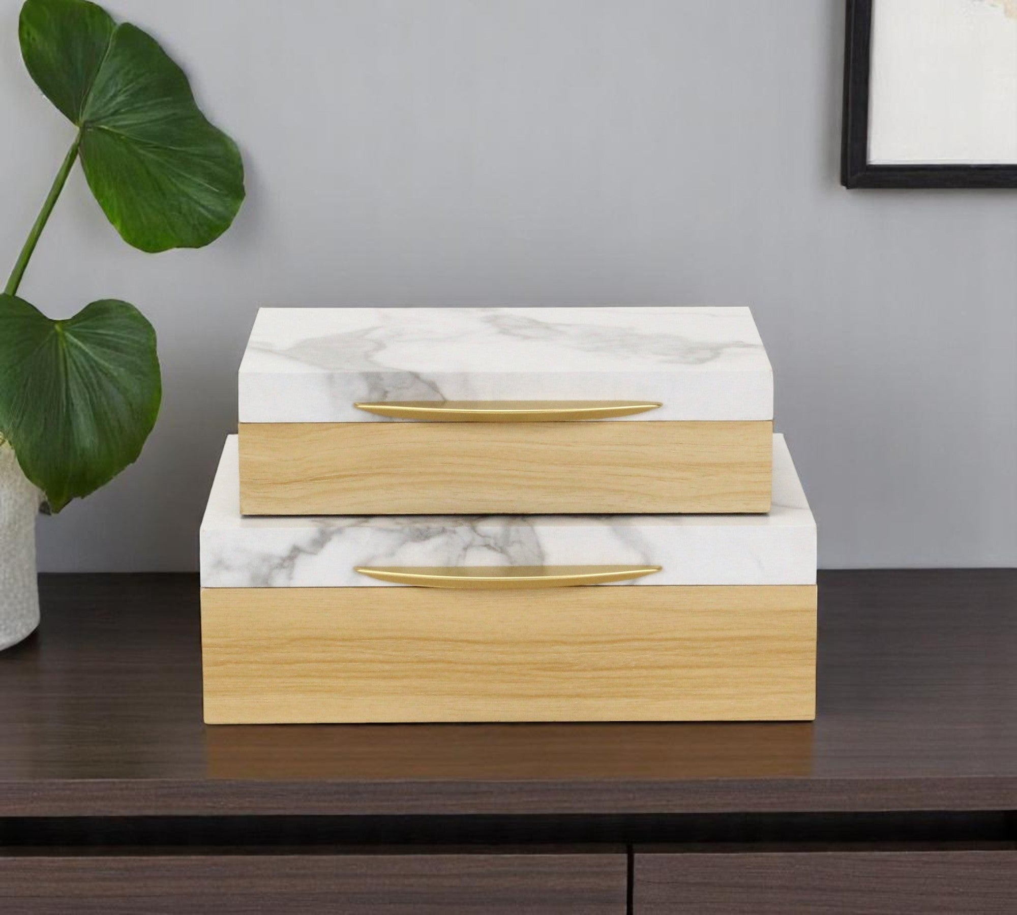 Set Of Two Natural And White Wood And Faux Marble Jewelry Boxes