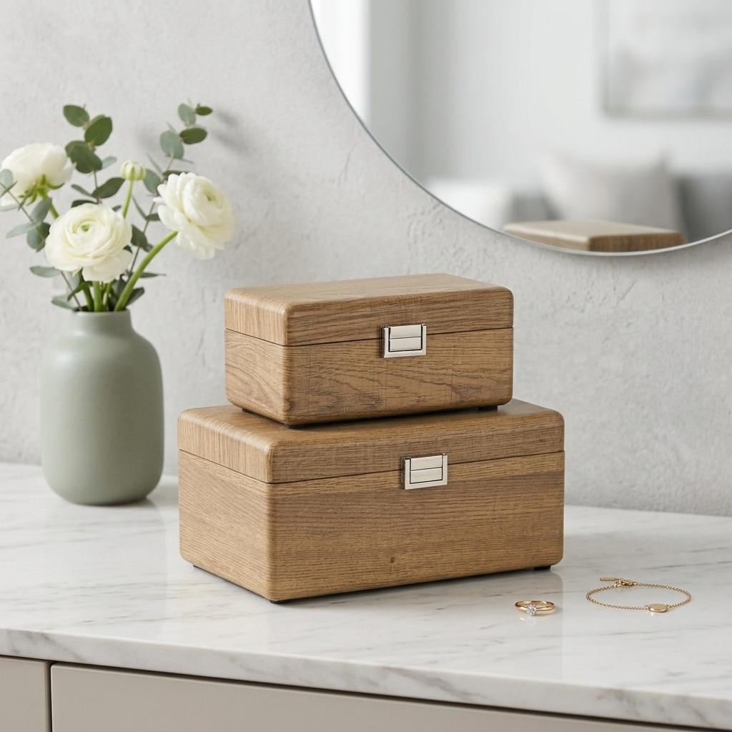 Set Of Two Brown Solid Wood Jewelry Boxes