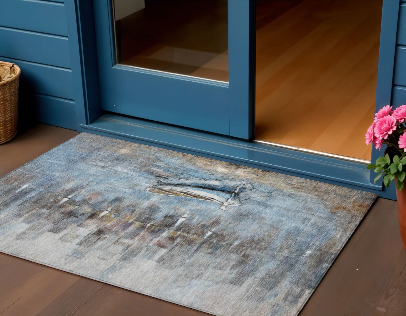 3 X 5 Blue And Beige Nautical Washable Indoor Outdoor Area Rug