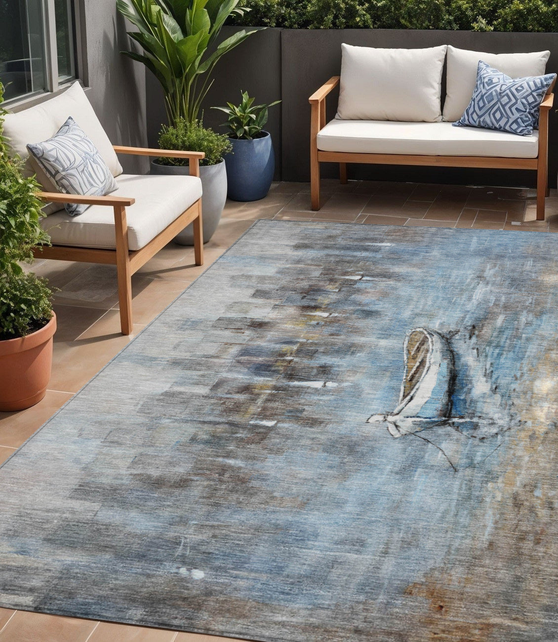 5 X 8 Blue And Beige Nautical Washable Indoor Outdoor Area Rug