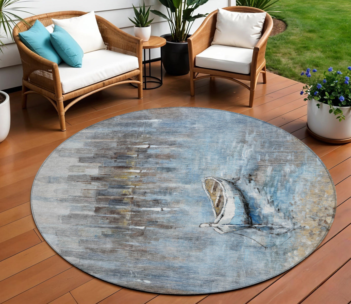 8 Blue And Beige Round Nautical Washable Indoor Outdoor Area Rug