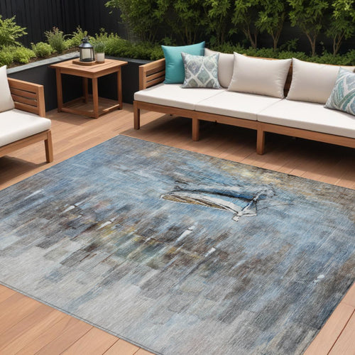 10 X 14 Blue And Beige Nautical Washable Indoor Outdoor Area Rug