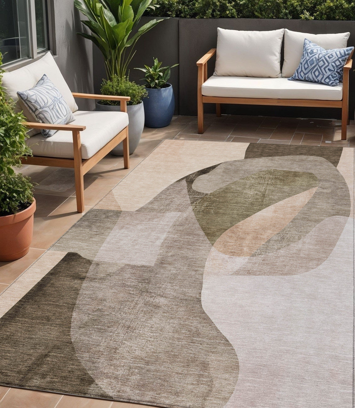 5 X 8 Taupe And Beige Abstract Washable Indoor Outdoor Area Rug