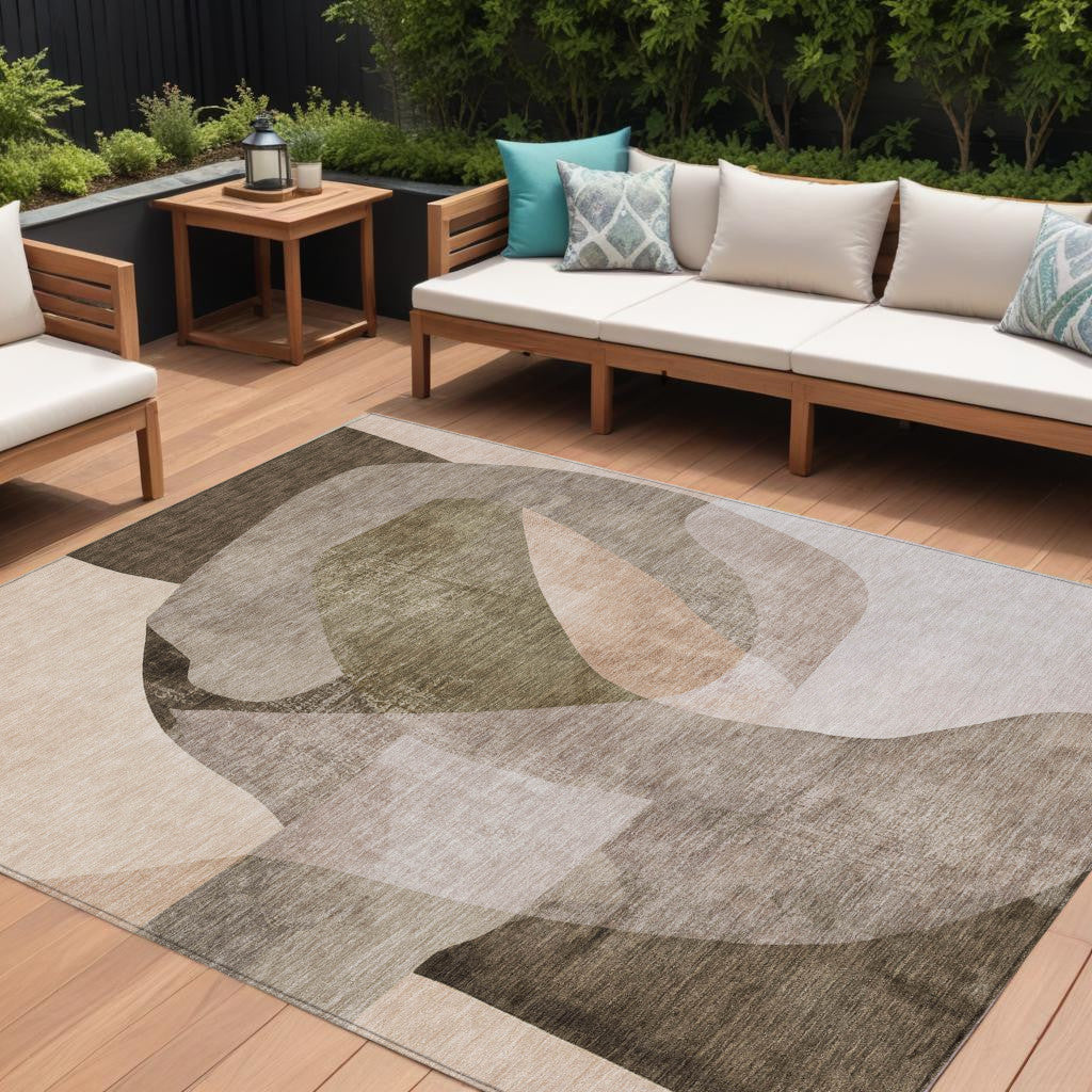 10 X 14 Taupe And Beige Abstract Washable Indoor Outdoor Area Rug
