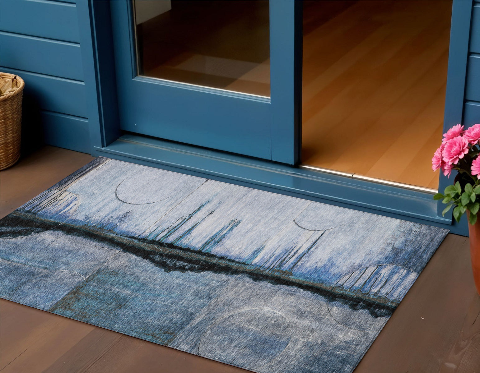 3 X 5 Blue And Charcoal Abstract Washable Indoor Outdoor Area Rug