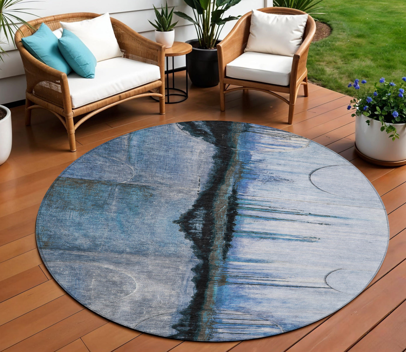 8 Blue And Charcoal Round Abstract Washable Indoor Outdoor Area Rug